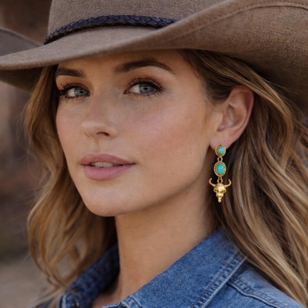 Mint Western Turquoise Gold Bull Skull Drop Earrings Southwestern Longhorn Boho
